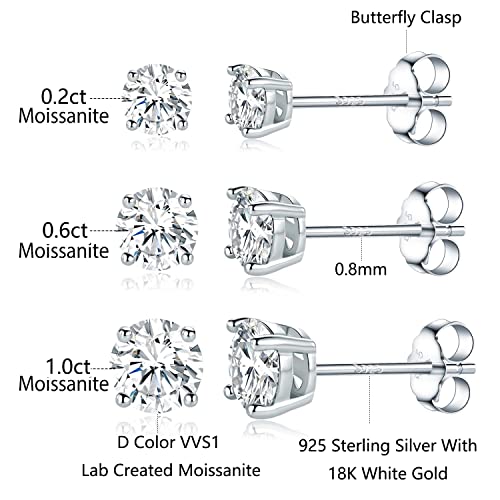 GEMSME 925 Sterling Silver White/Yellow Gold Plated 4 Pong Round Clear Moissanite Stud Earring for Women 3/4/5mm Pack of 3 Pairs2