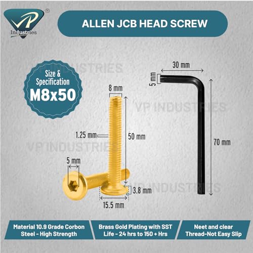 Image of Rely⇒VP INDUSTRIES (Pcs-15) M8x50 mm JCB Allen Head Furniture Screw Fastener Bolts | Furniture Bolt Crib Bunk Bed Furniture Cot, Barrel Bolt | Allen JCB Screw High Tensile Alloy Steel 10.9 Grad