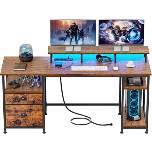 Furologee 61' Computer Desk with Power Outlet and LED Lights, Desk with Fabric File Cabinet Drawer,...