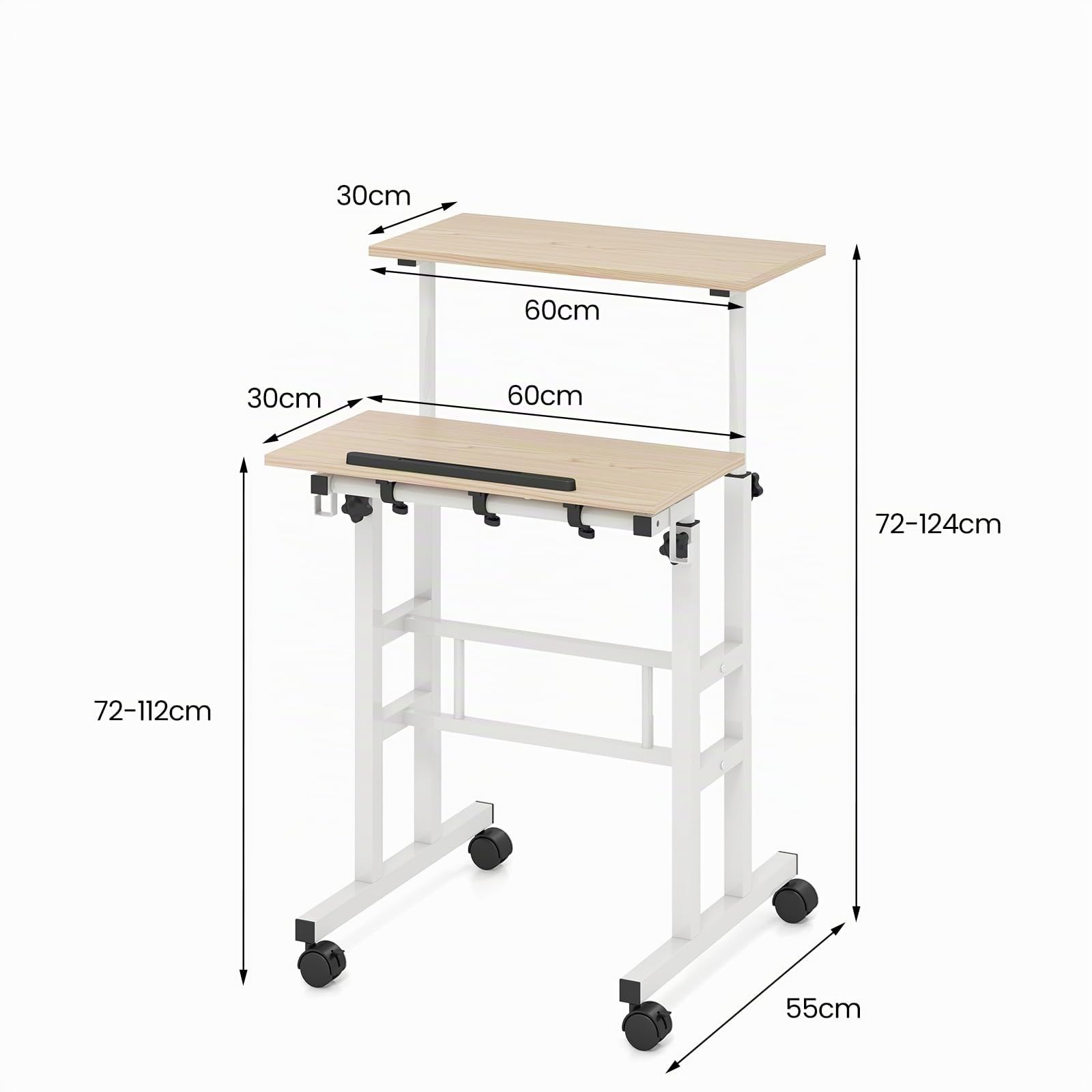 LIFEZEAL Scrivania Sit-Stand con Ruote, Scrivania Mobile per Computer con Ripiani, Tavolo da Studio con Struttura in Acciaio Regolabile in Altezza, per Ufficio, Camera da Letto e Soggiorno (naturale)