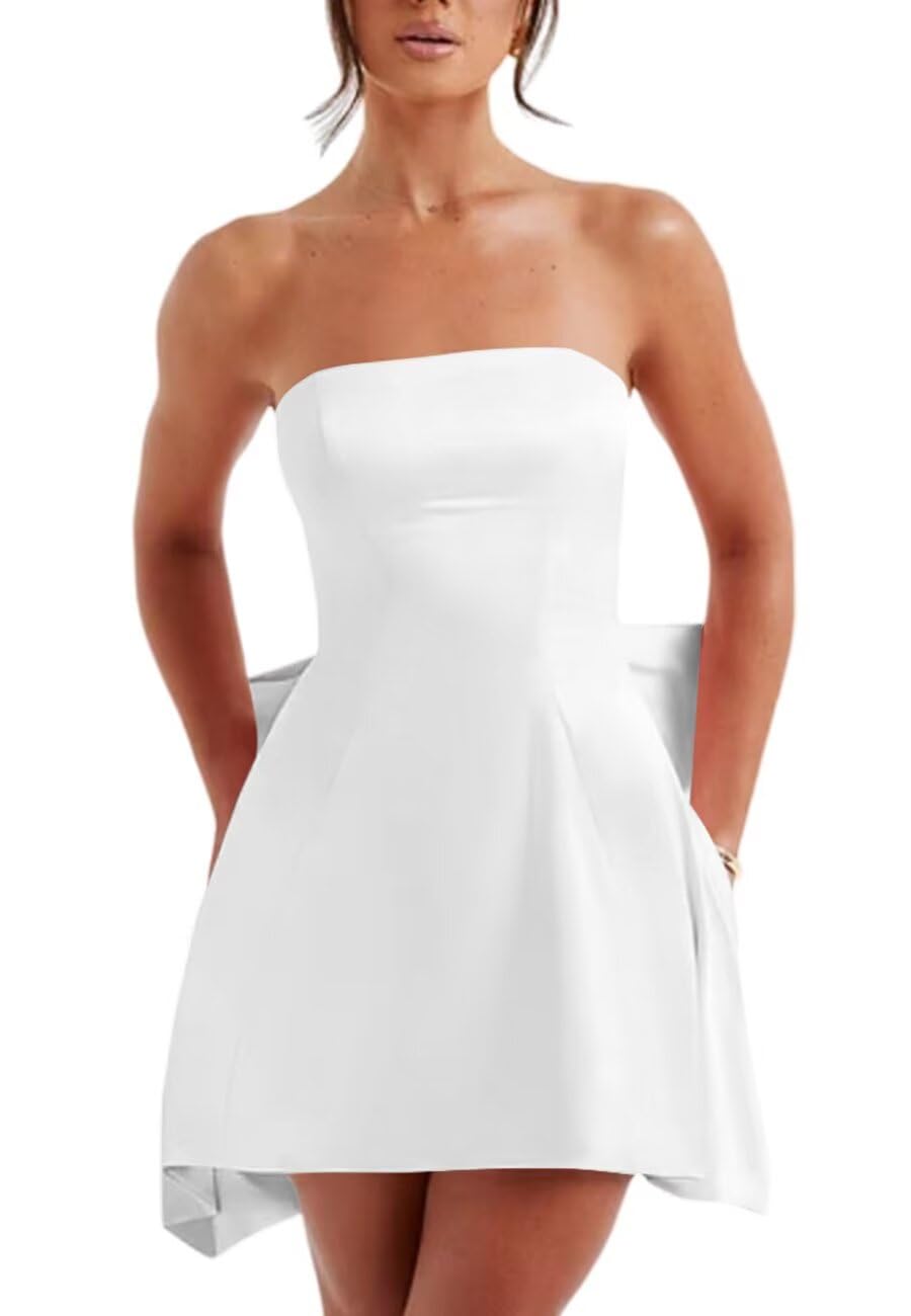 PUXIU Satin Homecoming Dressse for Teens with Pockets Strapless Prom Cocktail Mini Party Dress with Bow on Back PUS063