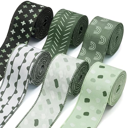 6 Rolls Sage Green Boho Wired Edge Ribbons 24 Yards 2.5 in Trendy Mint Green Boho Patterns Gift Wrapping Ribbon for Birthday DIY Crafts Bow Wreath Shadow of Green Party Decorations