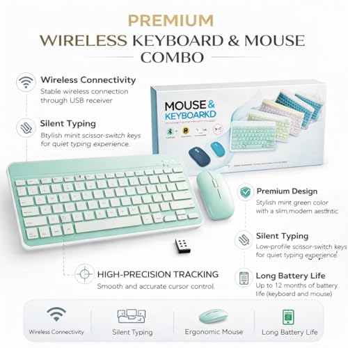 Image of Wireless Keyboard Mouse Combo Slim Bluetooth + USB Set for Laptop PC | Silent Keys Compact Mini Keyboard with Mouse | Office, Home, Travel Use (Multicolor Random)