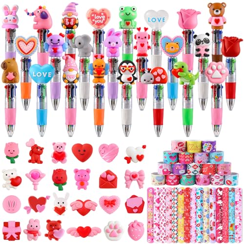 Image of SZCECHRE 72 PCS Valentine Classroom Gift Set with 24 Multi-Color Cute Pens and Mochi Squishy,Bulk Valentines Day Gifts for Classroom Prizes Goodie Bag Stuffers Party Favors Supplies.
