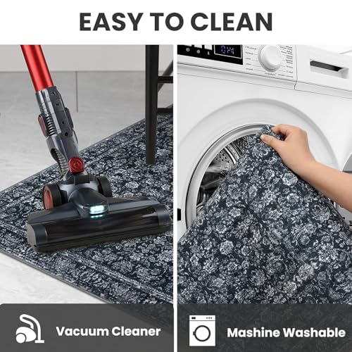 2x6 Black Washable Runner Rug for Hallways, Soft Neutral Vintage Kitchen Rugs with Non-Slip, Non-Shedding Distressed Floral Carpet for Bedroom Porch Laundry Entryway