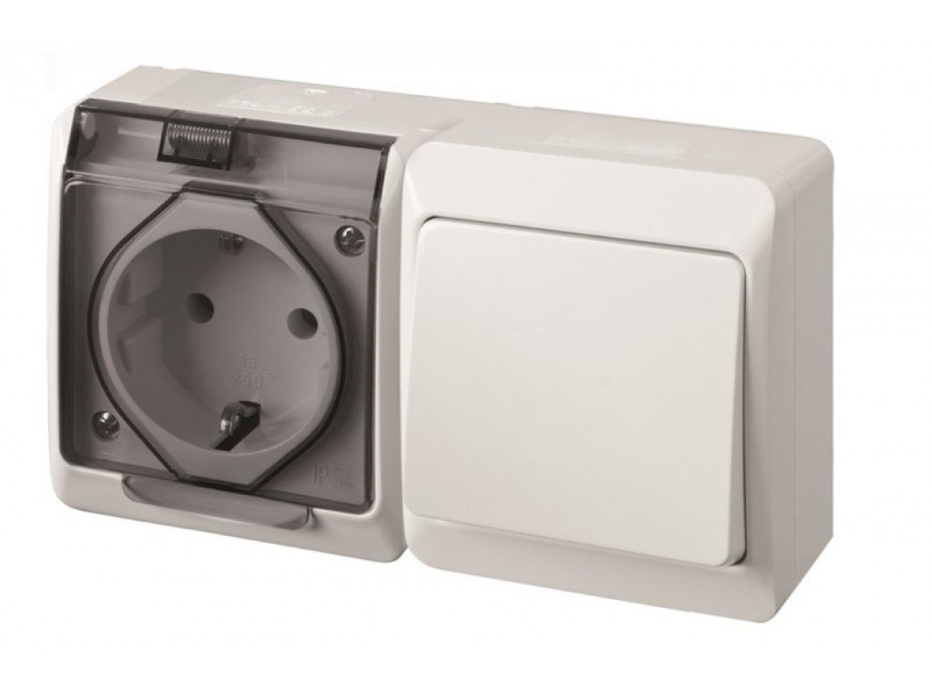FAMATEL – Conmutador + Base | Enchufe de superficie | IP54 | Fácil instalación | Alta estanqueidad del producto | Libre de hálogenos | Protección Infantil | Aluminio
