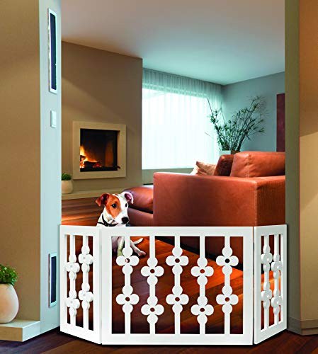 Etna White Floral Wooden Pet Gate - Freestanding Foldable Adjustable 3-Section Dog Gate. Extra Wide, Keeps Pets Safe Indoors/Outdoors - Fully Assembled - Thumbnail 4
