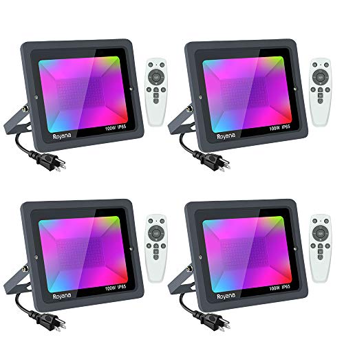 4 Pack 100W RGB LED Flood Light with Remote Control, Dimmable 16 Colors 3 Modes Colored Lights, Color Changing Floodlight Outdoor, IP65 Waterproof LED Spotlights, Decorative Garden Lighting