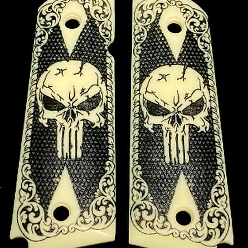 1911 Full-Size Ivory Acrylic Grips with Scrimshaw Scroll with Punisher
