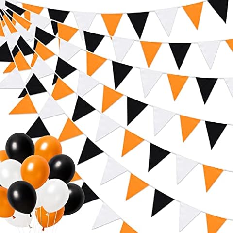 Forfamy15M/49Ft Halloween Bunting Banner Yellow White Orange Bunting Halloween Decoration Outdoor 30PCS Halloween Ballons for Halloween Thanksgiving Wedding Outdoor Garden Hanging Decor Cover