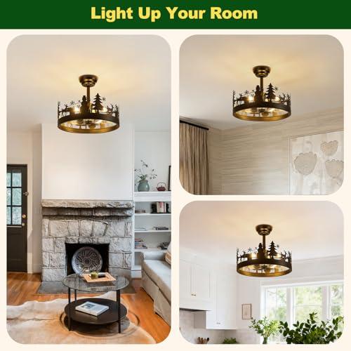Image of Farmhouse Rustic Ceiling Fan with Light, Black Caged Ceiling Fan with Deer and Snowman Design, Vintage Chandelier Ceiling Fan for Bedroom Living Room Kitchen