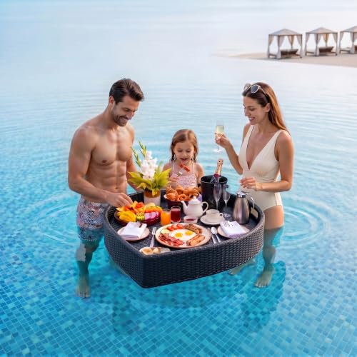 Image of BRISHI Luxury Floating Serving Tray | Swimming Pool Floats for Adults for Sandbars, Spas, Bath, and Parties | Floating Tray for Pool Serving Drinks, Brunch, Food on The Water (Black).