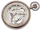 Silver Coloured Mechanical Skeleton Pocket Watch with Sun and Moon and Dual time Zone Features