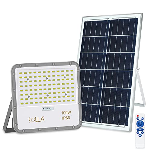 SOLLA 100W 6000K Solar Flutlichter, Superhell Solar Sicherheitsleuchten Outdoor IP66 Wasserdicht mit Fernbedienung, Dämmerung bis Morgengrauen Sensor, 500CM Kabel Solarleuchten für Scheune, Hof, Weg