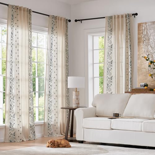 Image of jinchan Blue Floral Linen Curtains for Living Room 72 inch Back Tab 2 Panels