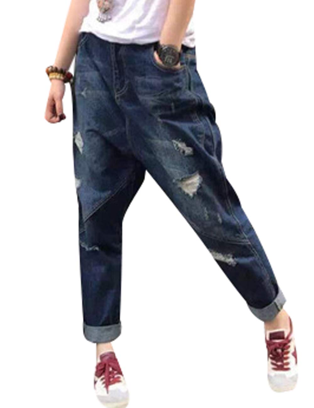 Youlee Women's Style 8 Blue Elastic Waist Wide Leg Harem Trousers Hole Jeans Style 8