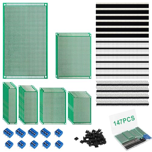 QLOUNI 147-Piece PCB Circuit Board Prototype Kit - Double-Sided Perf Boards in 6 Sizes (Large, Medium, Small), Compatible with Arduino, Includes 40-Pin 2.54mm Male and Female Headers