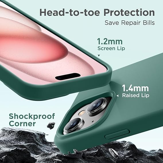 Image of Compatible with iPhone 15 Silicone Case, Slim Shockproof Protective Cover, Drop Protection and Camera Protection, MagSafe Compatible, Soft Microfiber Lining Inside (Midnight Green)