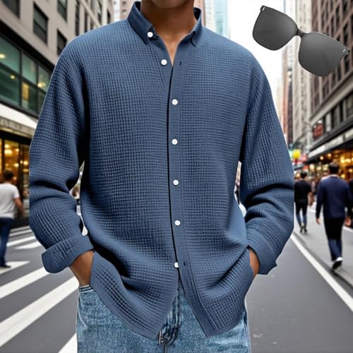 Mokaloha Mens Long Sleeve Shirts Waffle, Men's Stylish Casual Everyday Waffle Lapel Shirt Button Classic Comfortable3