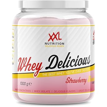 XXL Nutrition - Whey Delicious Protein Powder - Delicious Shake - Protein Powder Whey Protein Isolate & Concentrate - High Quality - 78.5% Protein Content - Strawberry - 1000 g