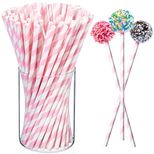 Potchen 100 Pack 7.5 Inches Pink and White Striped Paper Straws, Cake Pop Sticks Lollipop Candy Sucker Sticks, Disposable Drinking Straws for Cake Toppers Party Supplies, 0.24