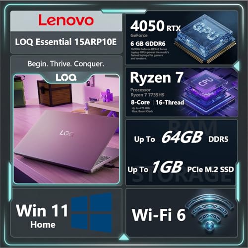 Image of Lenovo LOQ Gaming Laptop, 15.6 inch FHD 144Hz Display, Ryzen 7 7735HS, GeForce RTX 4050, 64GB DDR5 RAM, 1TB SSD, Wi-Fi 6, Bundle with Thunderobot 7 in-1 USB-C Hub, Win11 Home, Grey