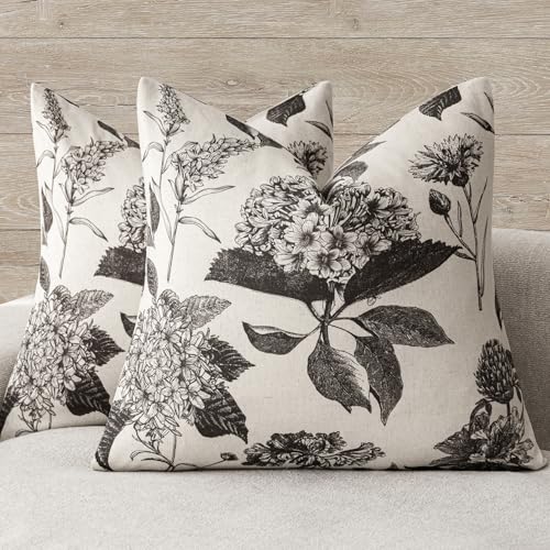 Image of Foindtower Set of 2 Linen Floral Vintage Throw Pillow Covers Neutral Accent Print Decorative Cushion Covers Farmhouse Boho Home Decor for Sofa Chair Couch Bedroom Living Room,18x18 Inch,Black
