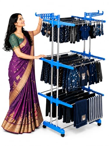 Image of 3-Tier Clothes Drying Rack with Wheels, Steel Rods, Blue, Foldable Laundry Stand with Towel Bar