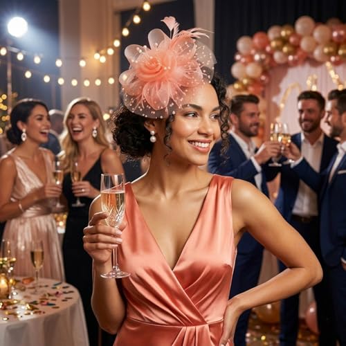 Image of DRESHOW Fascinators Hat Flower Mesh Ribbons Feathers on a Headband and a Clip Tea Party Headwear for Girls and Women