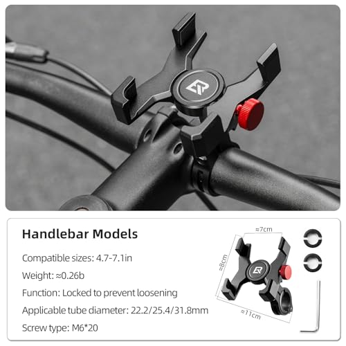 Image of ROCKBROS Aluminum Bike Phone Mount for 4.7-7.1 inch Phones | Four-Corner Protection,One-Twist Adjustment,Open Charging Access, Fits 22.2 /25.4 /31.8mm Handlebars,Two Mount Options