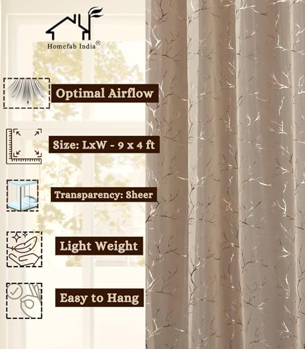 Image of Homefab India Multi Foil Transparent Sheer Curtain - 9 X 4 Feet, Long Door Curtains, Cream, Pack of 1 Piece