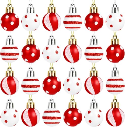 DERAYEE Boules Noël Peintes Blanche et Rouge,Décoration Noël Intérieur,Kit Decoration Sapin,Lot de 24 Boules pour Sapin