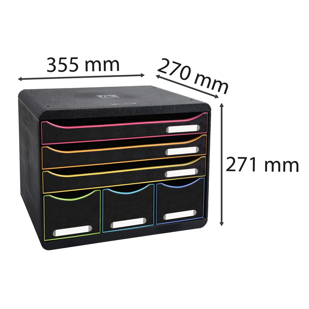 EXACOMPTA - Rif. 306914D-STORE-BOX - Cassettiera 6 cassetti - 3 cassetti per documenti A4+ e 3 cassetti alti sottili - Dimensioni : Profondità 27 x larghezza 35,5 x Altezza 27,1 cm - Nero/arlecchino