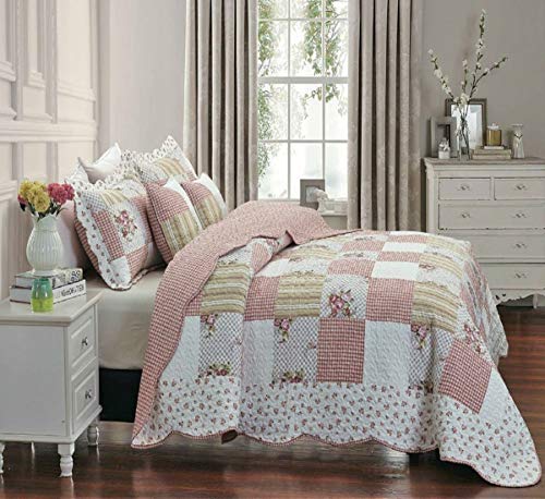 3 Piece Quilted Embossed Floral Home Decor Printed Patchwork Bedspread Bedding Throw with Matching Pillow Shams (Maison, King)