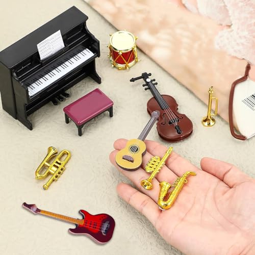 Miniatur Zubehör,10 Stück Puppenhaus Mini Musikinstrument Modell,Miniatur Puppenhaus Set,Miniatur Deko Mini Puppenhaus,1:12 Klavier E-Gitarre Miniatur Geige Trompete Saxophon