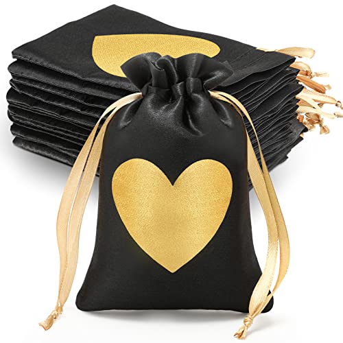 Riakrum 50 Pcs Satin Small Gift Bags Thank You Drawstring Jewelry Pouches Heart Mini Candy Gift Bags For Wedding Party Baby Shower Favor Birthday (Black, 4 X 6 Inch) #TOP7