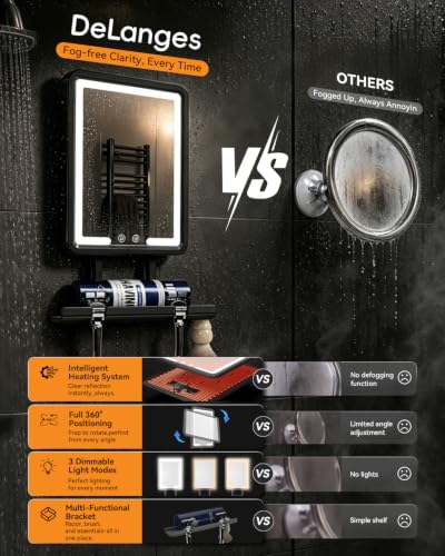 Image of Heated Shower Mirror Fogless for Shaving with 3-Color Dimmable LED Lights, Rechargeable, 360 Degree Adjustable, Drill-Free, All-in-One Storage Tray Holds Shaving Foam, Brush and 2 Razors, Black