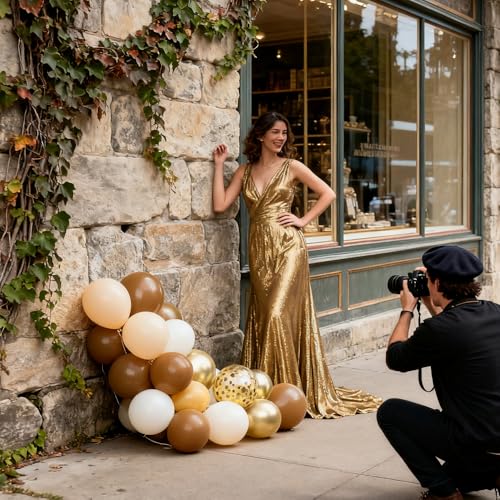 Image of Brown and Gold Balloons, 12 Inch Light Sand White Confetti Balloons for Neutral Bridal Shower, Birthday, Baby Shower Party Decorations