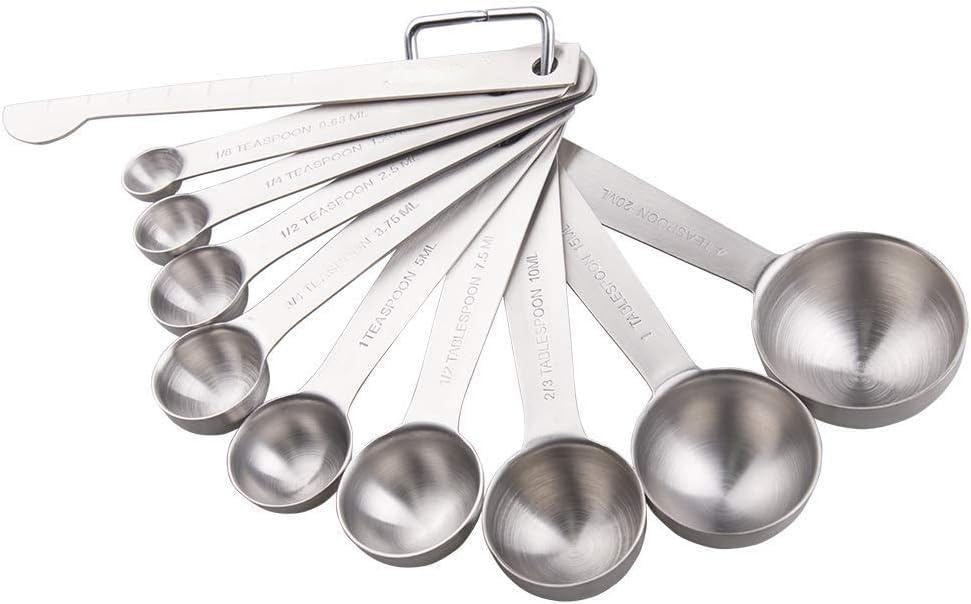 Lucky Plus Stainless Steel Measuring Spoons Set 18/8(304) Steel Material Heavy Duty 9 Measuring Spoons (10ml & 20ml) and 1 Leveler and 1 Ring Total 11pcs per Set