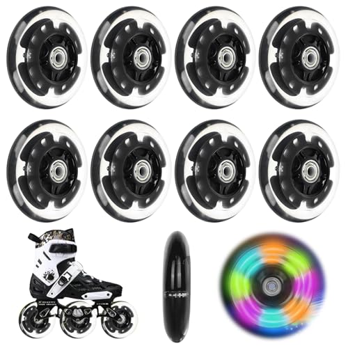 8 Pack Inline Skate Rollen, 72mm Leuchtende Scooter Räder 82A mit Kugellager ABEC-7, Schwarztransparent, Universell Inline Skate Teile Räder für alle Arten von Rollschuhen