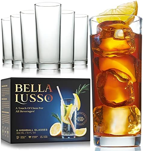 BELLA LUSSO Highball Glasses - Tall Drinking Glass Set of 6 - Premium Gift Box - High Water Cups, 10 oz - Clear Crystal Hurricane Glassware - Bar Cocktails, Dinner Drinks, Juice, Beer, Whiskey