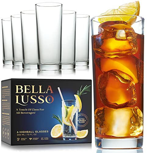 Bella Lusso Highball Glasses - Tall Drinking Glass Set Of 6 - Premium Gift Box - High Water Cups, 10 Oz - Clear Crystal Hurricane Glassware - Bar Cocktails, Dinner Drinks, Juice, Beer, Whiskey #TOP14