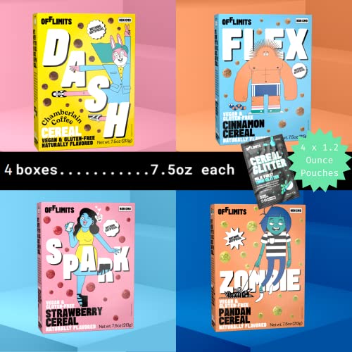 Offlimits Cereal Variety Pack + Cereal Glitter, 7.5 Ounce (Pack Of 4), Dash Chamberlain Coffee, Flex Cinnamon, Spark Strawberry And Zombie Pandan Cereals, Plant Based, Vegan, Gluten Free, Breakfast Cereal #TOP1