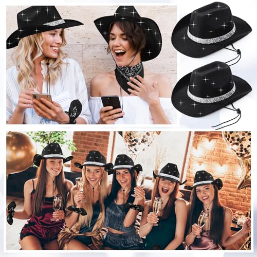Image of Coume 12 Pcs Sparkly Adults Cowboy Hat and Bandanas Women Men Western Glitter Cowgirl Party Hats with Adjustable Drawstring