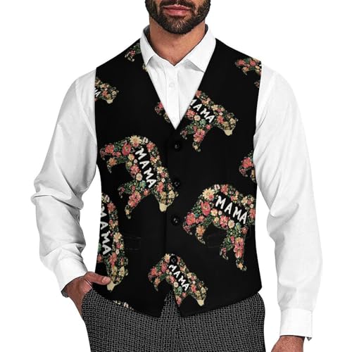 Mama Bear Floral Mens Slim Fit Suit Vest Dress Waistcoat Casual Business Vest