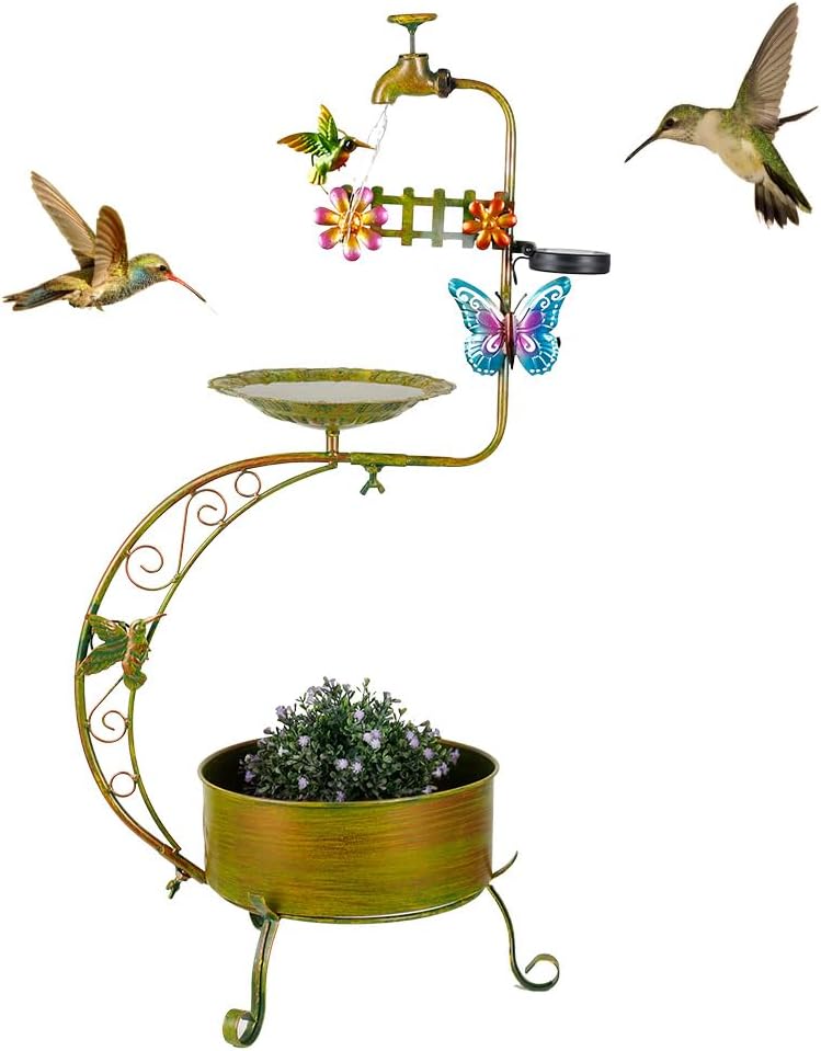 VEWOGARDEN Bird Bath for Outside, Solar Metal Outdoor Standing Birdbath with Flower Planter for Garden, Yard, Patio Decor, Green