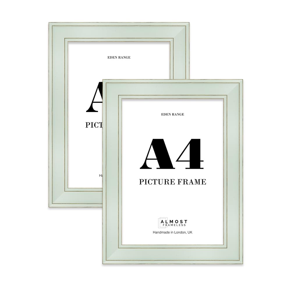 A4 Sage Green Picture Frame - Shabby Chic Photo Frame with Distressed Finish, Gold Trim, Wall Hooks and Kickstand, 37mm Edge - 2 Pack