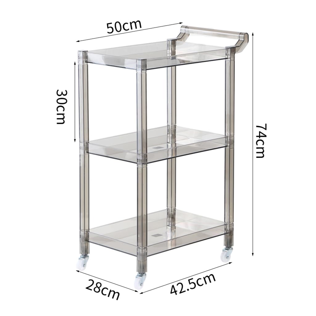 Carrello a 3 livelli in acrilico con manico e 4 ruote, trasparente, per cucina, soggiorno, sala da pranzo, lavanderia, salvaspazio, multifunzione, 75 cm di altezza, grigio