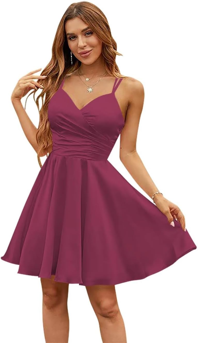 Satin Homecoming Dresses Spaghetti Straps Short Prom Dress V Neck Mini Cocktail Gown