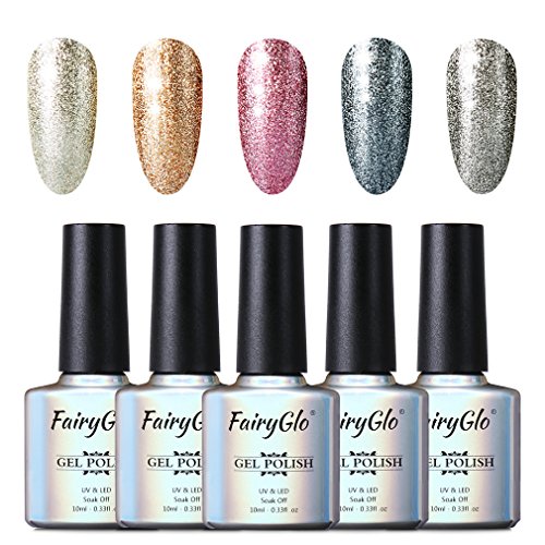 FairyGlo 5pcs Kit de Esmalte de Uñas de Gel UV LED Brillo de Platino Semipermanente Base Coat Top Coat Manicura y Pedicura